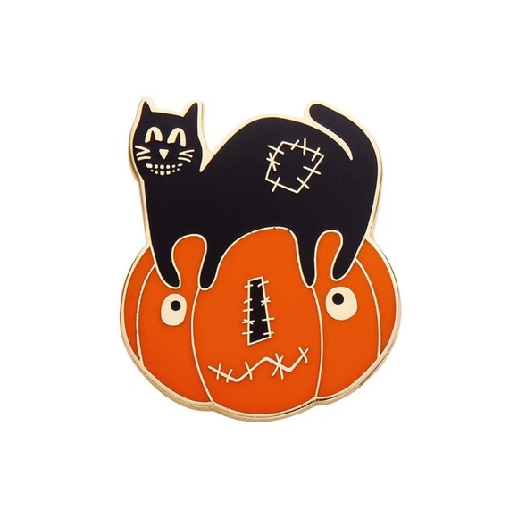 Erstwilder Jack The Cat All Hallows Eve Lapel Pin Happy Black Cat on Pumpkin - Picture 2 of 4